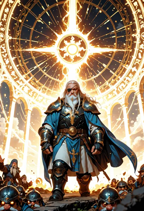 male, dwarf, cleric, paladin, casting a spell ,wearing heavy black armor with spikes , wearing an eye patch, blue cloak with sun symbol, flowing holy symbol, long hair , white hair, long braided beard, (there is a red strands in the beard), frown, serious,...