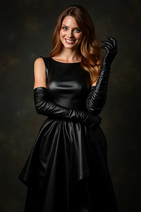 Woman in a black leather wedding dress. Black leather knee high boots. wearing black leather opera gloves. She is smiling. she is wearing brown blonde hair.