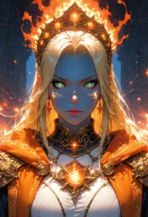 portrait of a female cleric ((dark blue skin)), intense details facial details, exquisite beauty, cleric, (dark blue skin)) female, ((yellow hair)), long hair, (((no ears))), (green eyes), armed with a fiery sword red fire, wearing (twilight priestly comba...