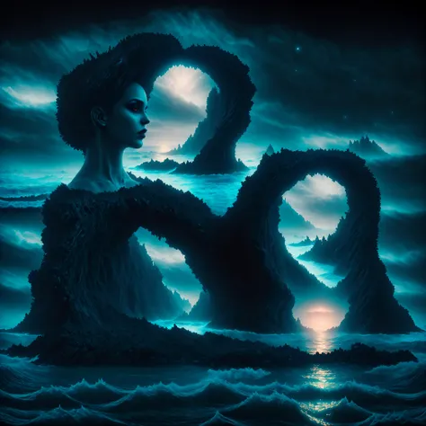Ultra-realistic, photo-realistic, cinematic, full focus, UHDR, hyperrealistic, 3D Rendering, 8K, highres, vivid colors, cinematic lighting, dramatic composition, alien landscape, night sky, rolling ocean waves, crystal clear water, bioluminescent water, a...