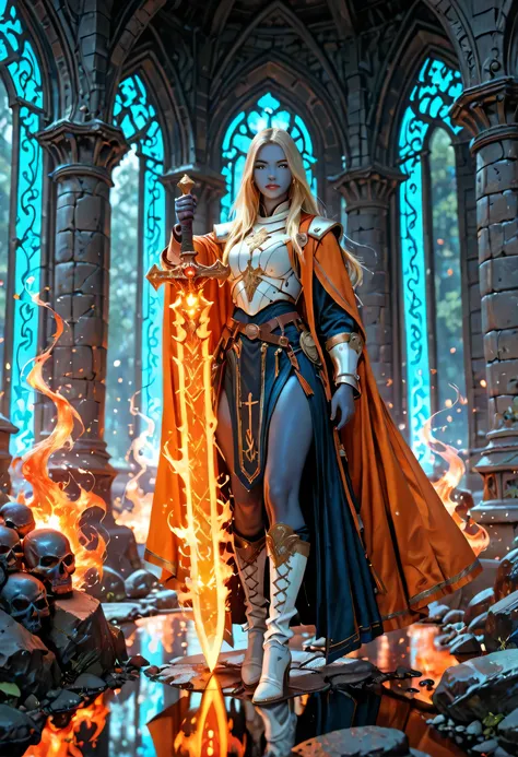 facial portrait of a female cleric ((dark blue skin)), intense details facial details, exquisite beauty, cleric, (dark blue skin)) female, ((yellow hair)), long hair, (((no ears))), (green eyes), armed with a fiery sword red fire, wearing (twilight priestl...