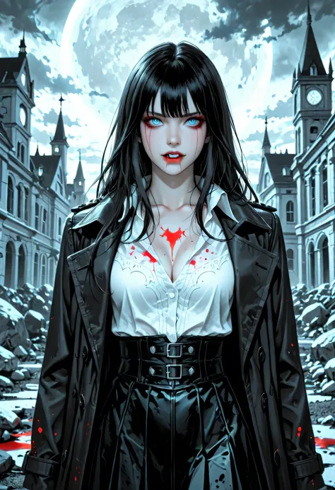 score_9, score_8_up, score_7_up,goth black and white anime art, (black and white art) mostly black and white, a picture of  olo beautiful female vampire, best detailed face, black hair, long hair hair, blue eyes, wearing trench coat, wearing a skirt, weari...