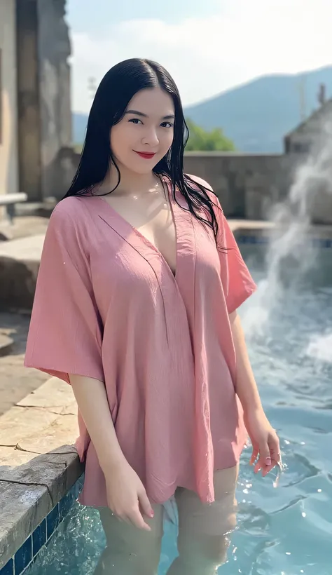 a woman, be in an open hot bath, sitting strapping on the edge of a hot spring, feet soaked in a hot bath, hot steam is seen all around, visible mountain with clear sky, Sexy posing stimulates, eyes looking at camera , shirt looks full body, wear wet yukat...