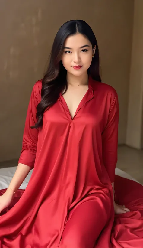 A beautiful woman, Sit on the mattress, shirt looks full body, body facing front, eyes looking at camera , Using Indonesian lace long to toe satin material in red, big , red lips, black hair