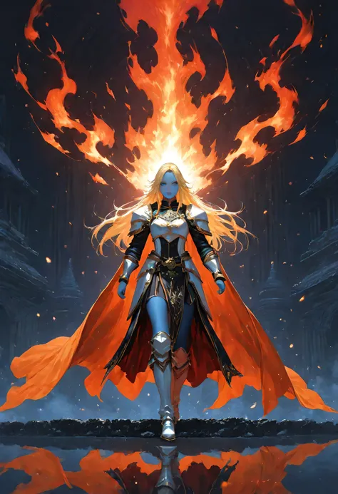 portrait of a female cleric ((dark blue skin)), intense details facial details, exquisite beauty, cleric, (dark blue skin)) female, ((yellow hair)), long hair, (((no ears))), (green eyes), armed with a fiery sword red fire, wearing (twilight priestly comba...