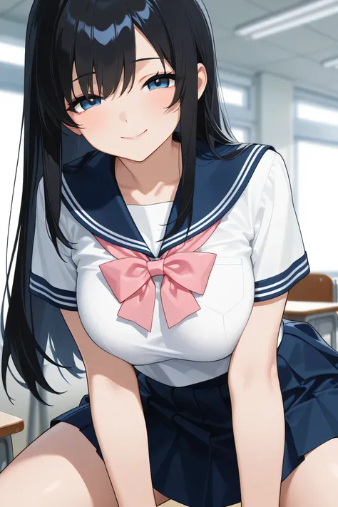 yuina , masterpiece, Highest Quality, 2D,  Line Art , one girl , solo , (sexy) , mature , older sister , clear , pale classroom background , navy blue sailor suit , skirt for ears , pink ribbon for sailor suit , high school girl , blue eyes , Cute eyes , l...
