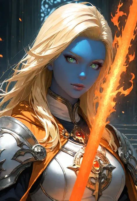 portrait of a female cleric ((dark blue skin)), intense details facial details, exquisite beauty, cleric, (dark blue skin)) female, ((yellow hair)), long hair, (((no ears))), (green eyes), armed with a fiery sword red fire, wearing (twilight priestly comba...