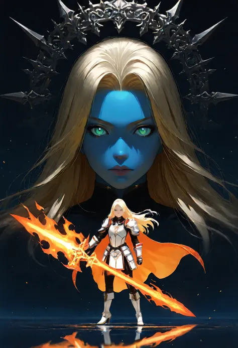 portrait of a female cleric ((dark blue skin)), intense details facial details, exquisite beauty, cleric, (dark blue skin)) female, ((yellow hair)), long hair, (((no ears))), (green eyes), armed with a fiery sword red fire, wearing (twilight priestly comba...