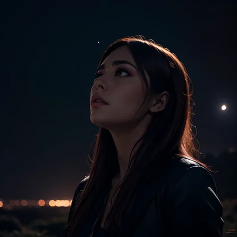 lost in contemplation under night sky, detailed portrait of pensive person, gazing upward, starry night sky in background, atmospheric lighting, moody colors, cinematic, dramatic, chiaroscuro, oil painting, 4K, ultra-detailed, photorealistic