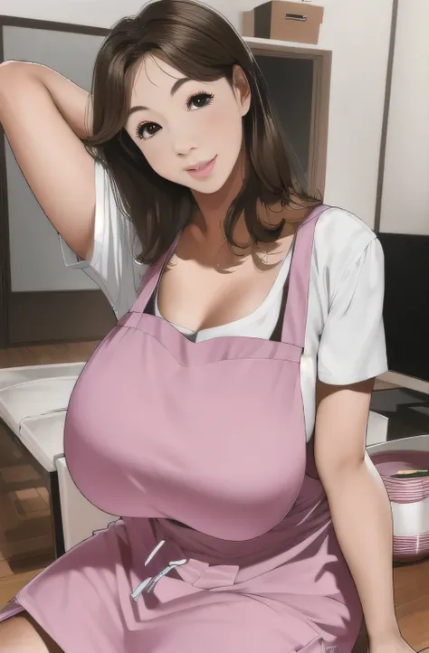 4. Japanese women,Voluptuous figure,Brown curly hair,Big Eyes,smile,Slight wrinkles around the eyes,Pink Apron,Put your hands behind your back,Messy room,living room