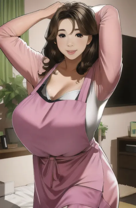 4. Japanese women,Voluptuous figure,Brown curly hair,Big Eyes,smile,Slight wrinkles around the eyes,Pink Apron,Put your hands behind your back,Messy room,living room