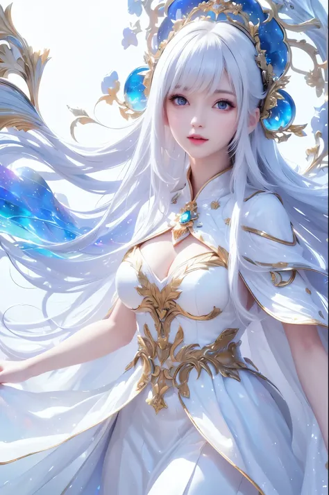 ((masterpiece)), ((( best quality))), (( Very detailed)), ((shape)),[ Realistic Light Effects ],shadow,( Fantasy Style ),(White background:1.6), simple background, (Earth Theme),(Cape)[(Hair Focus,(( one girl )),[( Big Slime Hair ): (Cloud Hair):0.3], (Bac...