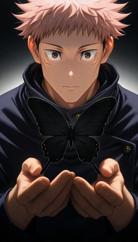 Yuuji Itadori, Brown eyes, short hair, male focus, black butterfly In his Hands, close up potrait, masterpiece, Sharp focus, HDR, Best quality, 16k, Jujutsu Kaisen school uniform, full face 