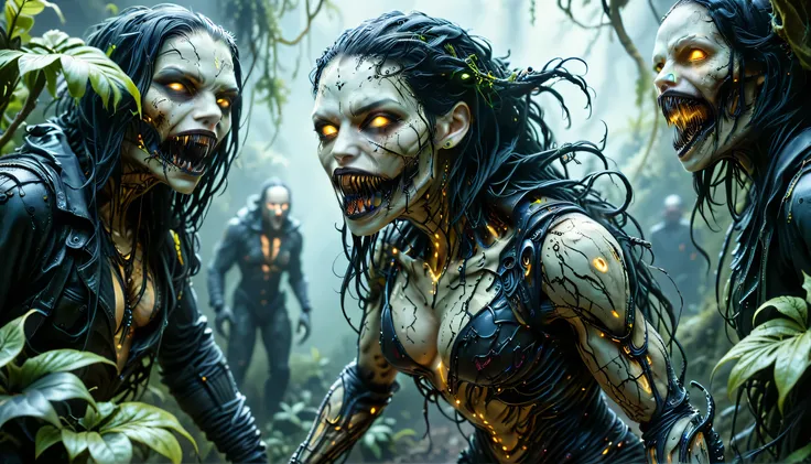 cybernetic corruption, seductive cybernatic vampire, fangs,Rainforest Outpost: Vampire with green‑tipped dreadlocks, glowing yellow eyes, wearing a camo‑patterned armored suit. She emerges from a misty jungle base overrun with bioluminescent vines.