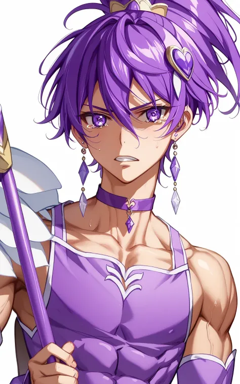 score 9 、score 8 up、score 7 up、source anime、masterpiece、Highest Quality、high resolution、anime coloring、1boy、cure sword、(male:1.olo、cartoon boy in a purple dress、purplehair、short hair、With Sparkling Purple Eyes 、high short ponytail hair、spade shape hair orn...