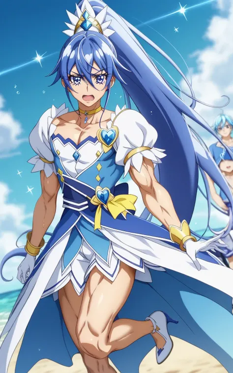 score 9 、score 8 up、score 7 up、source anime、masterpiece、Highest Quality、high resolution、anime coloring、1boy、cure diamond、(male:1.olo、cartoon boy in a blue dress、blue hair、long hair、 With Shining Blue Eyes 、high long ponytail hair、dia shape hair ornament、so...