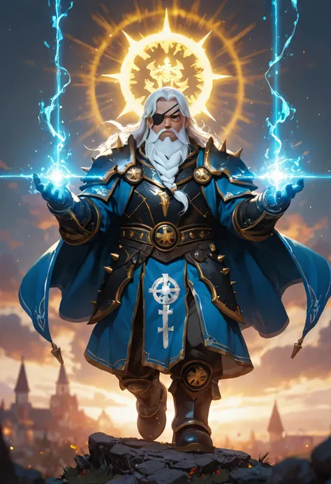 male, dwarf, cleric, paladin, casting a spell ,wearing heavy black armor with spikes , wearing an eye patch, blue cloak with sun symbol, flowing holy symbol, long hair , white hair, long braided beard, (there is a red strands in the beard), frown, serious,...