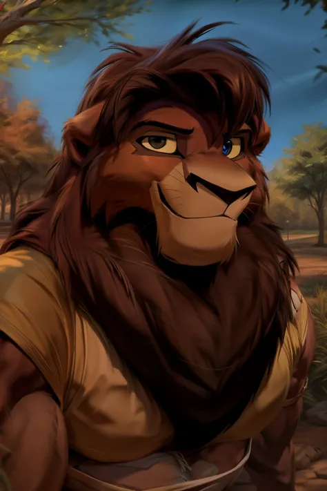 ((By Zaush)), ((By Chunie)), ((By Darkgem)), handsome furry anthro male Lion wit, ((Kovu from the Lion King)), wearing a t-shirt, pants, shoes, clothing, background setting, outside, park, city, nature, trees, (head shot), friendly smile, smiling, smiling ...