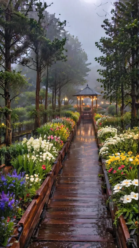 Heavy rain, midnight , foggy and Raining, wet , The path stretches along a wooden promenade filled with small flower