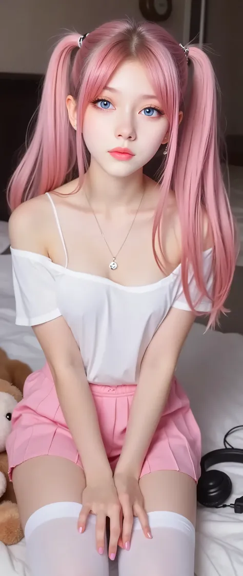 1girl, solo, long hair, breasts, looking at viewer, blush, open mouth, blue eyes, skirt, unbuttoned shirt, thighhighs, cleavage, medium breasts, full body, white unbuttoned shirt, pink hair, long ponytail, short sleeves, heart, pleated skirt, tongue, midri...