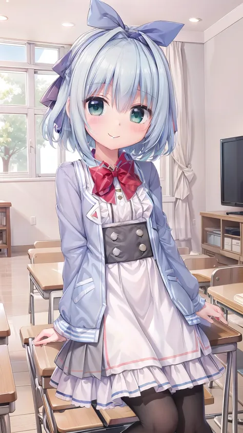 (( masterpiece)),(((best quality))),(Ruffles),((1 Girl)),, Jin Mingcheng,shy，1girl
Nishiki Asumi
changfu
blue clothes
white dress
xiaofu
school uniformasumi-default , school uniforms ,  green eyes , blue hair , Hairband , school uniforms , red bow , frills...