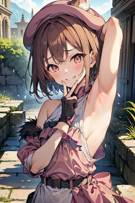 (from above:1.2), (armpit focus:1.3), hand to own mouth, (upper body:1.5), (head tilt),
blush, bewitching pose, heavy breathing, fog, (glistening skin:1.2), (蒸れた脇の下:1.2), 滴る汗,
seductive grin smug, drunken eyes, (blush),
Llenn,anime style,((最高品質)), (傑作),高解...