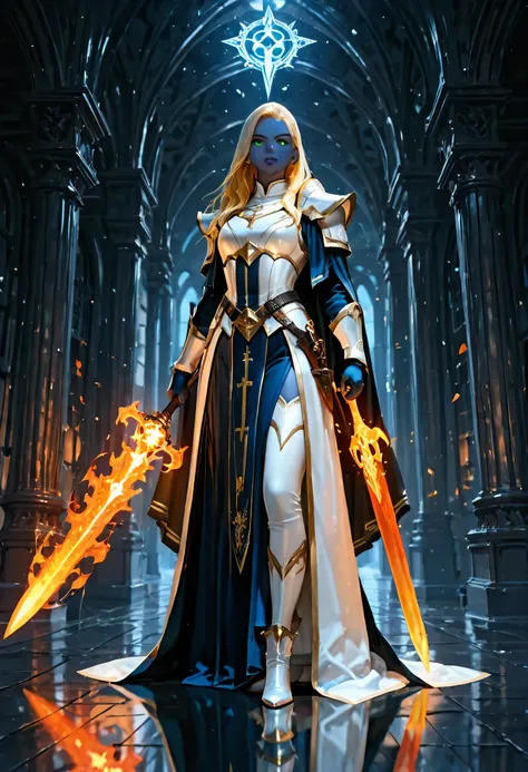 portrait of a female cleric ((dark blue skin)), intense details facial details, exquisite beauty, cleric, (dark blue skin)) female, ((yellow hair)), long hair, (((no ears))), (green eyes), armed with a fiery sword red fire, wearing (twilight priestly comba...
