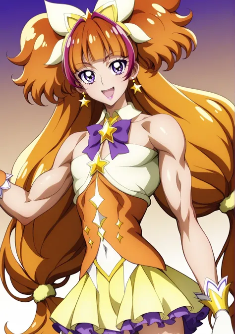 score 9 、score 8 up、score 7 up、source anime、masterpiece、Highest Quality、high resolution、anime coloring、1boy、cure twinkle、(male:1.ellow mini dressを着た男性、boy with orange brown twintails hair、official art、solo、long hair、orange hair、low tied long hair、multicolo...