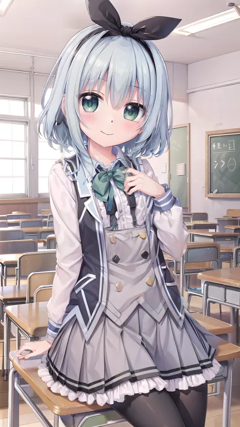 
school uniformasumi-default , school uniforms ,  green eyes , blue hair , Hairband , school uniforms , , frills , shirt , pleated skirt , Frill Skirt  , black tights , Sitting , Smile , fork_leg , interior , Living_ room , 大leg , Smile , cute_ Smile