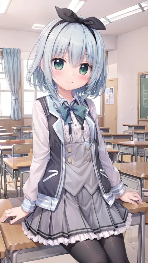 
school uniformasumi-default , school uniforms ,  green eyes , blue hair , Hairband , school uniforms , shirt , pleated skirt , Frill Skirt  , black tights , Sitting , Smile , fork_leg , interior , Living_ room , 大leg , Smile , cute_ Smile