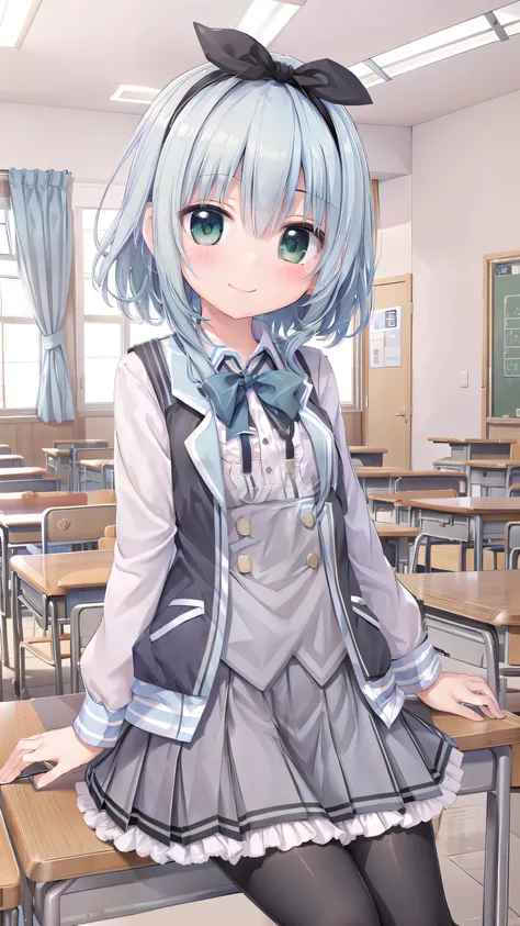 
school uniformasumi-default , school uniforms ,  green eyes , blue hair , Hairband , school uniforms , shirt , pleated skirt , Frill Skirt  , black tights , Sitting , Smile , fork_leg , interior , Living_ room , 大leg , Smile , cute_ Smile