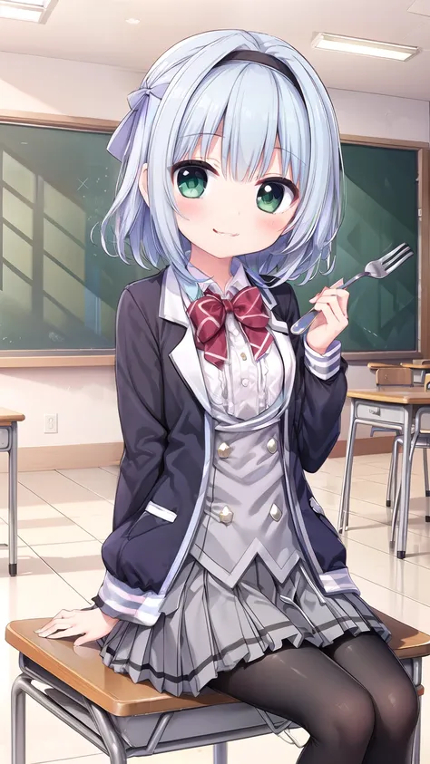 school uniformasumi-default , school uniforms , green eyes , blue hair , Hairband , school uniforms , shirt , pleated skirt , Frill Skirt , black tights , Sitting , Smile , fork_leg , interior , Living_ room , 大leg , Smile , cute_ Smile
