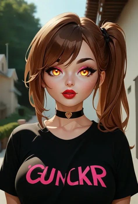 outdoors, 1girl, long hair, side ponytail, brown hair, black eyebrows, thin eyebrows, pink eyeshadows, big eyes, glowing golden eyes, lips, red lips, perfect face, beautiful girl, t-shirt, black t-shirt, medium breasts, black choker, looking at viewer