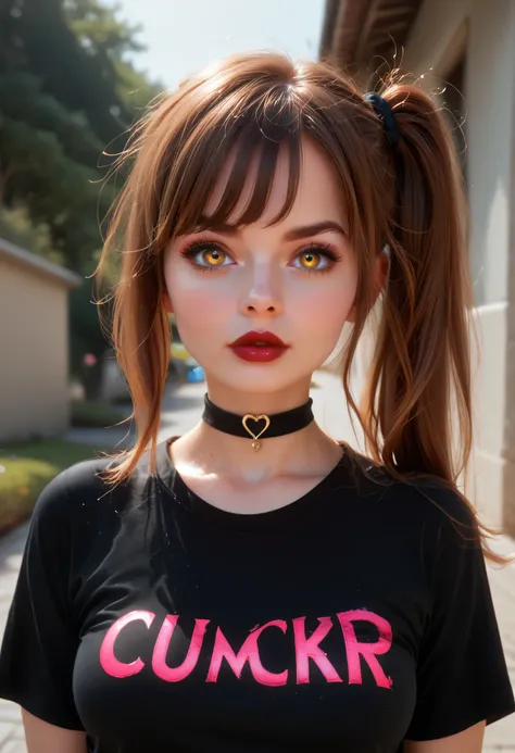 outdoors, 1girl, long hair, side ponytail, brown hair, black eyebrows, thin eyebrows, pink eyeshadows, big eyes, glowing golden eyes, lips, red lips, perfect face, beautiful girl, t-shirt, black t-shirt, medium breasts, black choker, looking at viewer