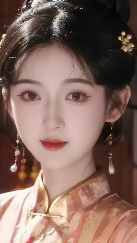 1 beautiful girl,best quality,(painting:1.5),Chest,torii,,depth of field, detailed face ,facial focus,ribbon_trim,(watching the audience:1.25),Smile,Thick lips,Real People,cheongsam