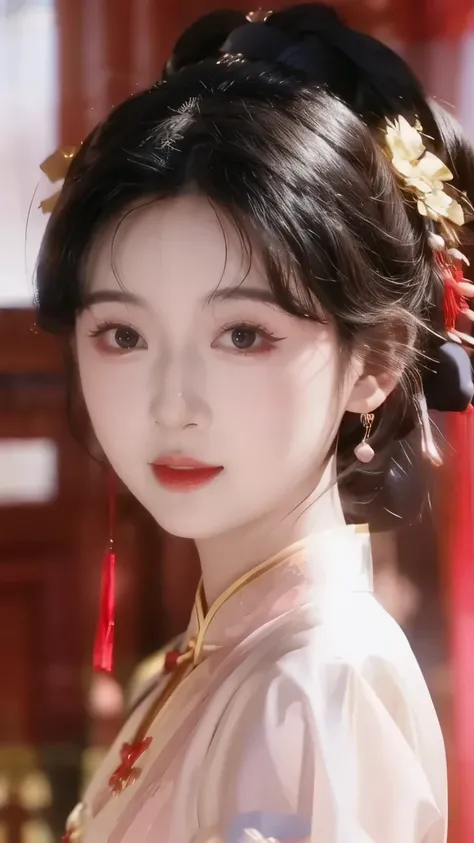 1 beautiful girl,best quality,(painting:1.5),Chest,torii,,depth of field, detailed face ,facial focus,ribbon_trim,(watching the audience:1.25),Smile,Thick lips,Real People,cheongsam