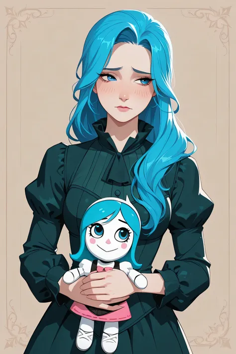 line-art, best quality, 1 girl, shy girl, long blue hair, blue eyes, malvine style, doll