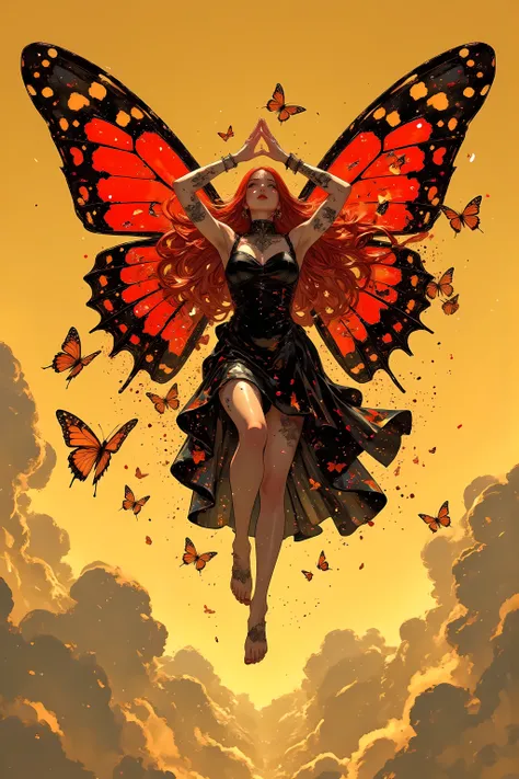 (masterpiece,best quality :1.2),details of face ,hands,legs,solo,flying goddess in the air,with butterfly winds, barefoot,long Red Hair,her Body Is Made of Stained Glass,Red and black giant butterfly wings,wearing a black one piece dress,beautiful like an ...