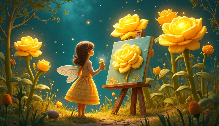 A whimsical fairy tends to a garden of giant, bioluminescent yellow roses, her canvas illuminated by the soft glow of fireflies and strange, alien plants. She uses spray paint and melting oil gouache to create dynamic fluid shapes and vibrant neon tones, c...