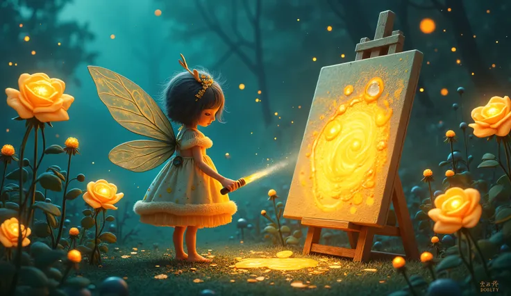 A whimsical fairy tends to a garden of giant, bioluminescent yellow roses, her canvas illuminated by the soft glow of fireflies and strange, alien plants. She uses spray paint and melting oil gouache to create dynamic fluid shapes and vibrant neon tones, c...