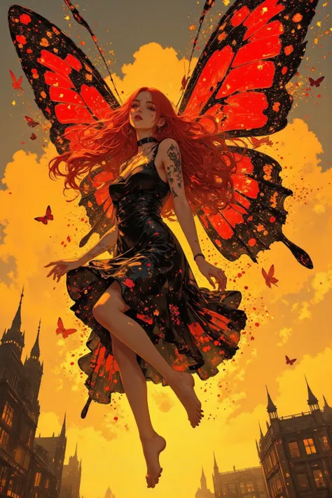 (masterpiece,best quality :1.2),details of face ,hands,legs,solo,flying goddess in the air,with butterfly winds, barefoot,long Red Hair,her Body Is Made of Stained Glass,Red and black giant butterfly wings,wearing a black one piece dress,beautiful like an ...