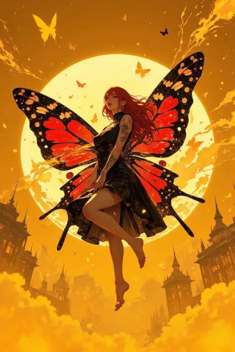 (masterpiece,best quality :1.2),details of face ,hands,legs,solo,flying goddess in the air,with butterfly winds, barefoot,long Red Hair,her Body Is Made of Stained Glass,Red and black giant butterfly wings,wearing a black one piece dress,beautiful like an ...