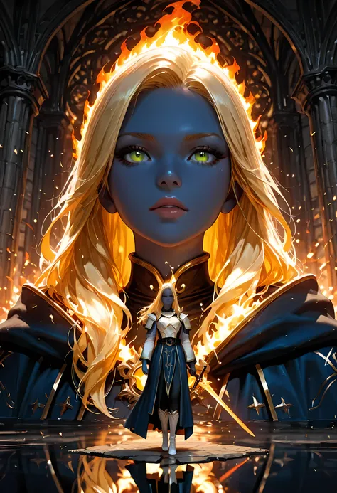 portrait of a female cleric ((dark blue skin)), intense details facial details, exquisite beauty, cleric, (dark blue skin)) female, ((yellow hair)), long hair, (((no ears))), (green eyes), armed with a fiery sword red fire, wearing (twilight priestly comba...