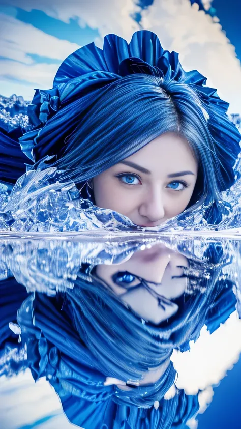 absurdres, highres, (official art, beautiful and aesthetic:1.2), (near vision:1.15), (1girl, blue hair, medium hair, blue eyes, bright eyes, long white dress, blue ruffle,:1.2) blue sky, Shimmering Galaxy, (Salar de Uyuni:1.2), (fractal art:0.8), water eff...