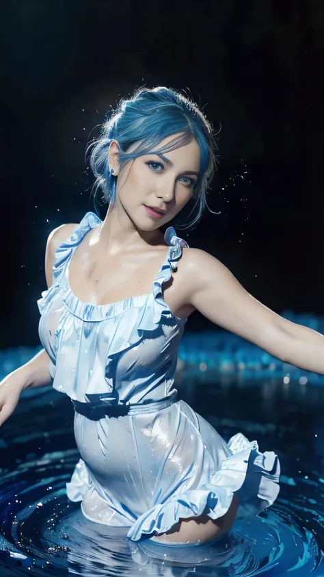 absurdres, highres, (official art, beautiful and aesthetic:1.2), (near vision:1.15), (1girl, blue hair, medium hair, blue eyes, bright eyes, long white dress, blue ruffle,:1.2) blue sky, Shimmering Galaxy, (Salar de Uyuni:1.2), (fractal art:0.8), water eff...
