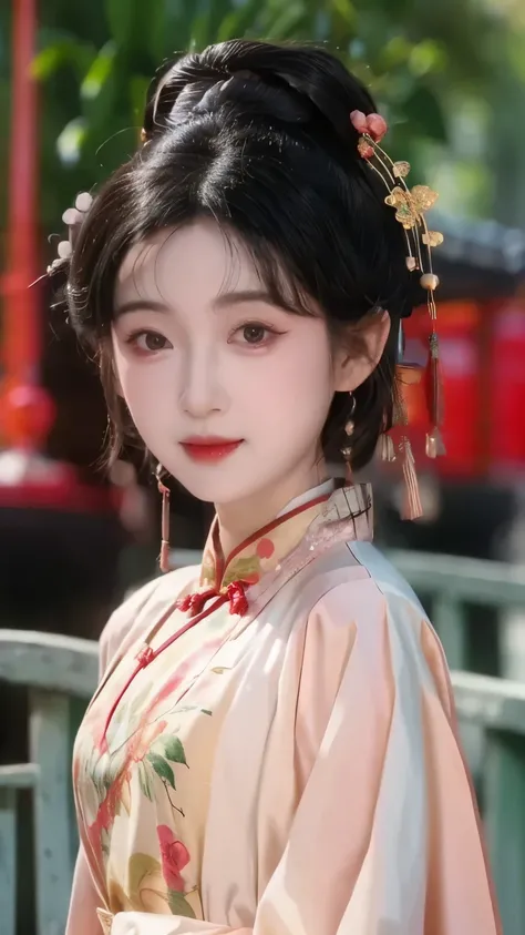 1 beautiful girl,best quality,(painting:1.5),Chest,torii,,depth of field, detailed face ,facial focus,ribbon_trim,(watching the audience:1.25),Smile,Thick lips,Real People,cheongsam