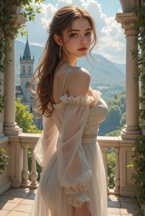 ultra fineCG Unity 8k壁紙、best quality、ultra fine、masterpieces、real、フォトreal、ultra fineキュートガール、18 years old、(European castles)、(Girl standing on balcony)(back view)、(looking back at the drugstore)、((笑face)),((Make a heart with both hands))、(full body angle)、 ...