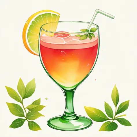 A watercolor-style illustration of a single Aperol Spritz cocktail in a clear, stemmed wine glass. The glass is filled with a vibrant orange-red liquid, numerous translucent ice cubes, and several small, fresh green mint leaves floating near the top. A bri...