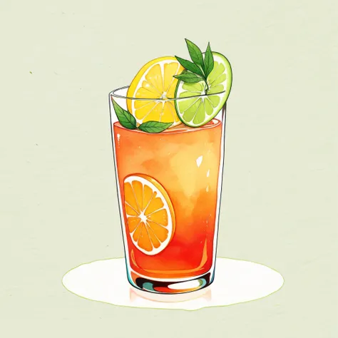 A watercolor-style illustration of a single Aperol Spritz cocktail in a clear, stemmed wine glass. The glass is filled with a vibrant orange-red liquid, numerous translucent ice cubes, and several small, fresh green mint leaves floating near the top. A bri...
