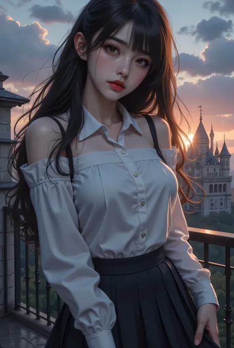 1womanl,Black hair,japanes ,((A slightly surprised look)),Beautiful breasts,校服,,,(Facing the front)(((embarassed expression)),(((The skirt is rolled up by the wind)))ウルトラファインCG Unity 8k壁紙、最高画質、ウルトラファイン、マスターピース、リアル、フォトリアル、ウルトラファインキュートガール、18歳、(ヨーロッパの古城)、(バルコ...